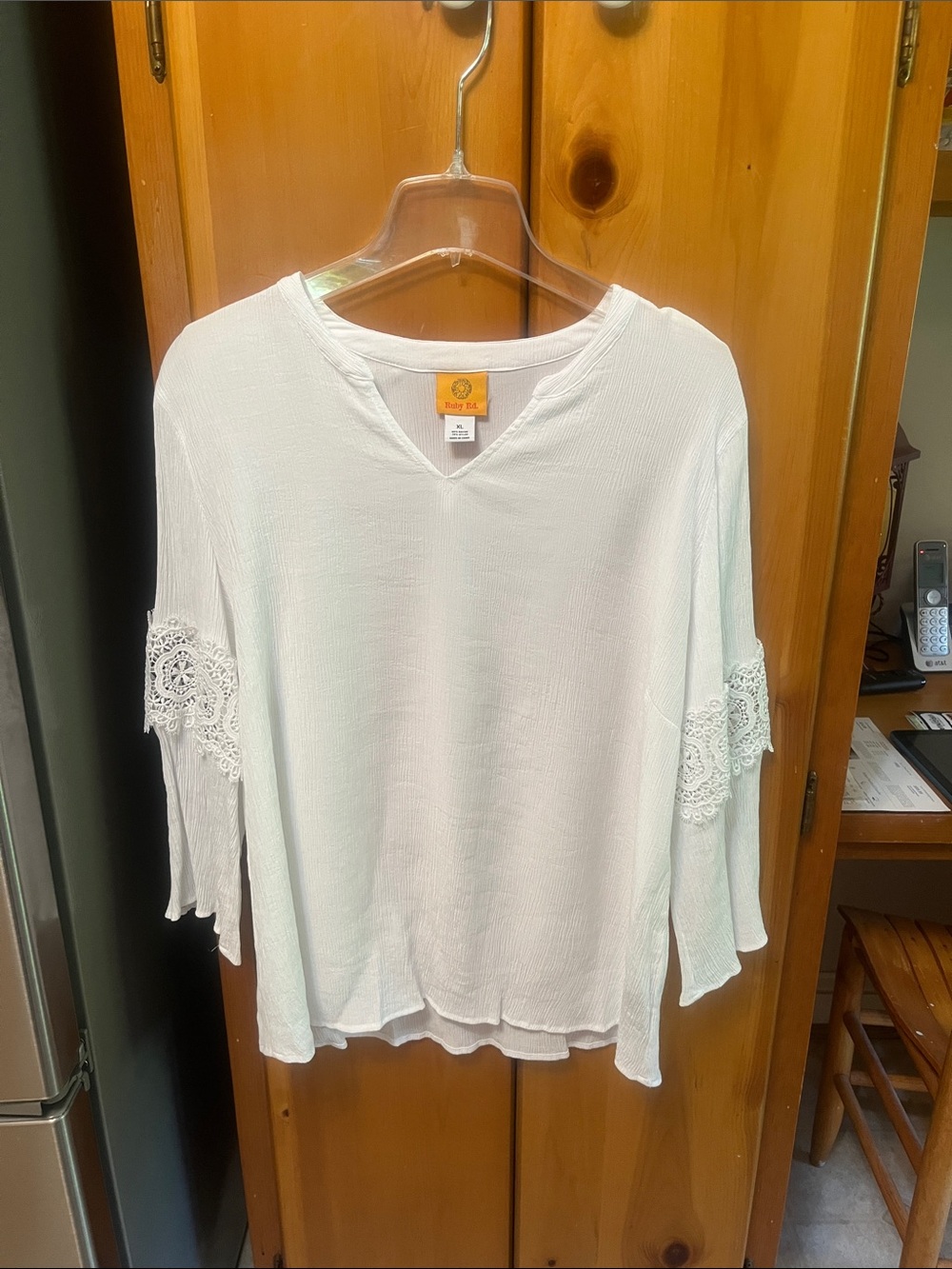 Ruby Rd Brand White V-Neck Crochet Sleeve Tunic